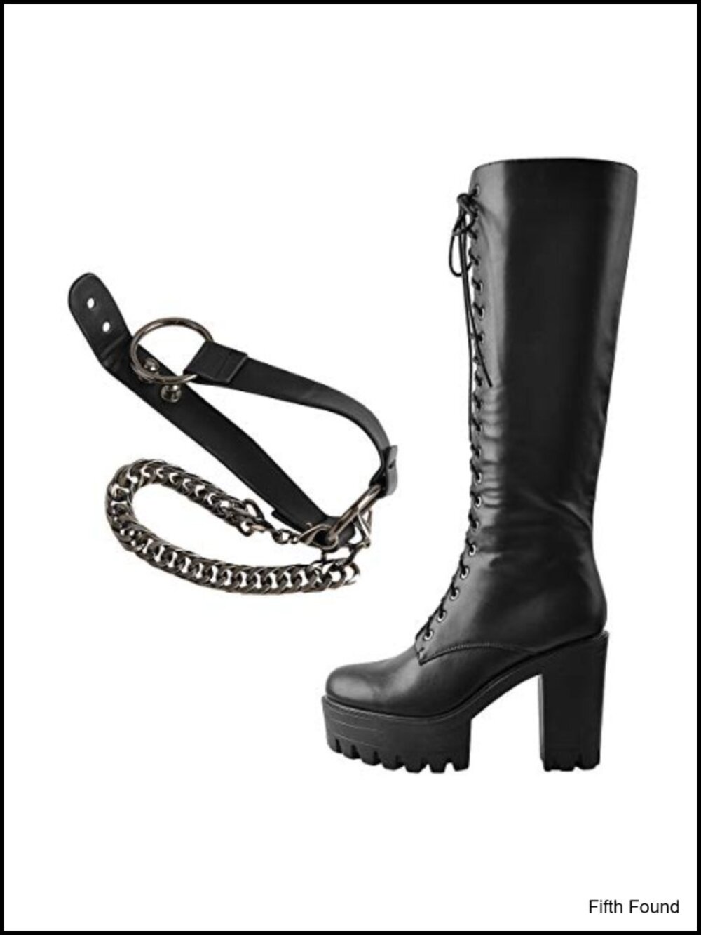 LISHAN Women's Platform Combat Knee High Boots with Chain, 3.9in Block Heel,